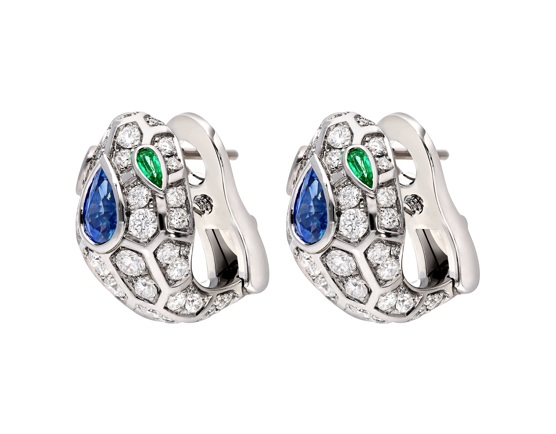 serpenti 18k 白金耳环,蛇头镶饰蓝色蓝宝石,蛇眼镶饰祖母绿,缀以密镶