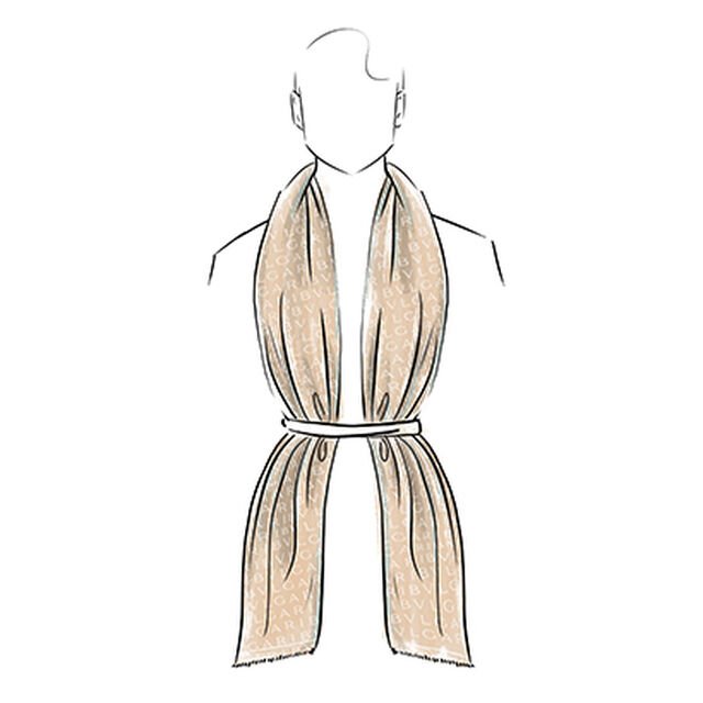Drawing of a person wearing a Bvlgari stole around the neck with both ends at the front and a band around them at waist height.