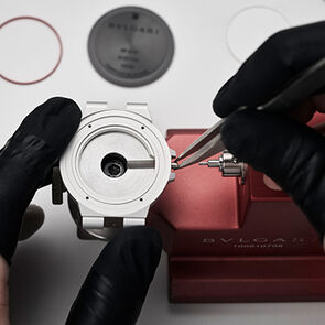 Assembly of the case and backcase of the Bvlgari Aluminium Gran Turismo Special Edition watch, close up.