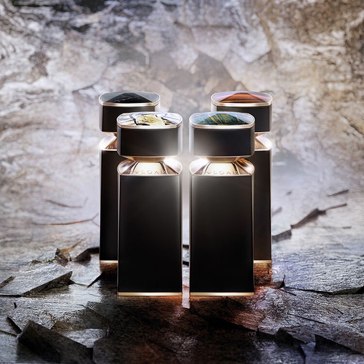 Four men's fragrances from the Bvlgari Le Gemme High Perfumery collection, creative shot.