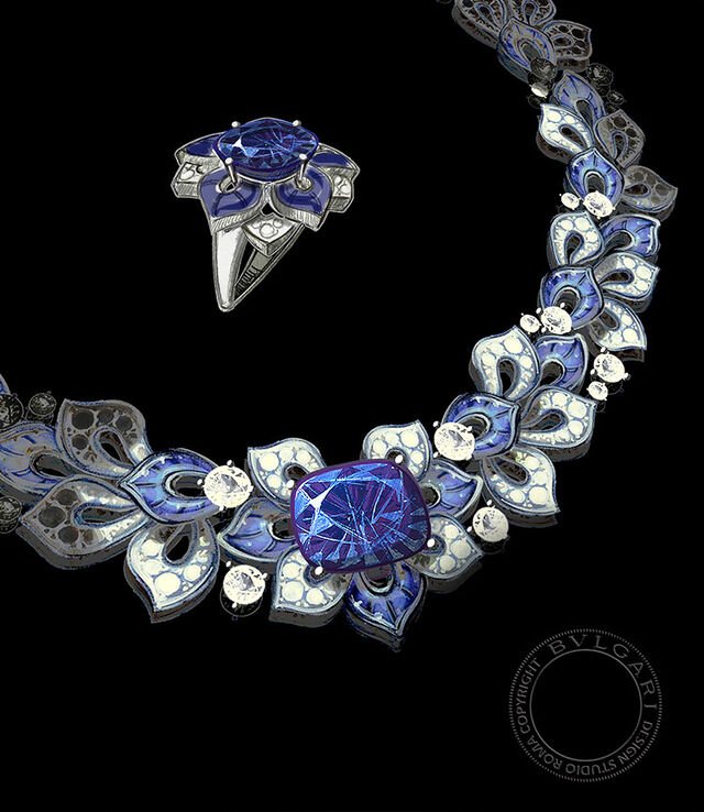 Sketch of the Bvlgari Magnificent Creations Blue Fantasy High Jewellery platinum necklace and ring with sapphires and diamonds.