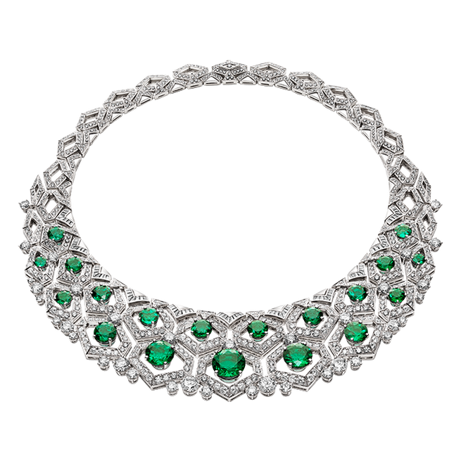 Bvlgari Barocko Mosaico High Jewellery collier in platinum set with 19 emeralds and diamonds. Bvlgari Barocko Mosaico High Jewellery collier in platinum set with 19 emeralds and diamonds.