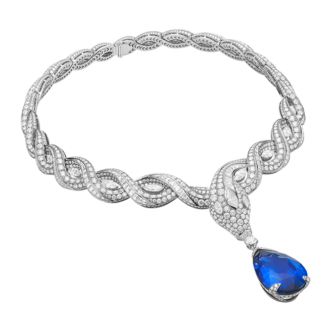 Serpenti Ocean Treasure Eden High Jewellery platinum necklace with a pear-shaped sapphire and diamonds.