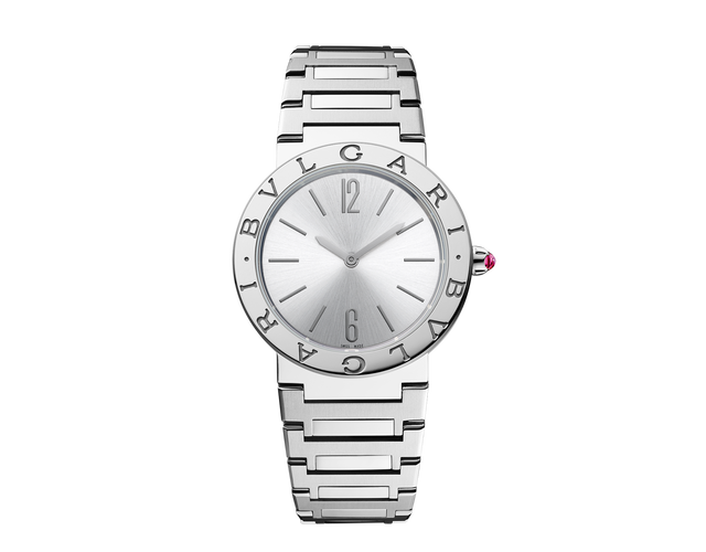 Montre BULGARI BULGARI LADY avec mouvement à quartz, boîtier en acier inoxydable de 33 mm, lunette en acier inoxydable gravée du double logo.