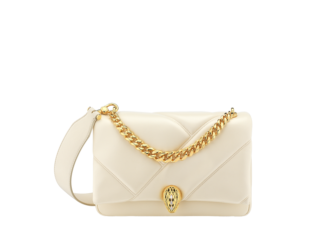 Serpenti Cabochon small maxi chain crossbody bag in soft quilted Ivory Opal white calf leather