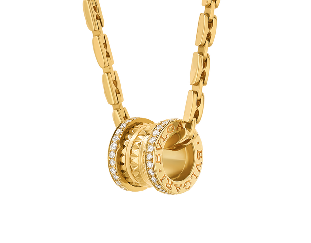 B.zero1 Rock pendant necklace in 18 kt yellow gold with pavé diamonds.