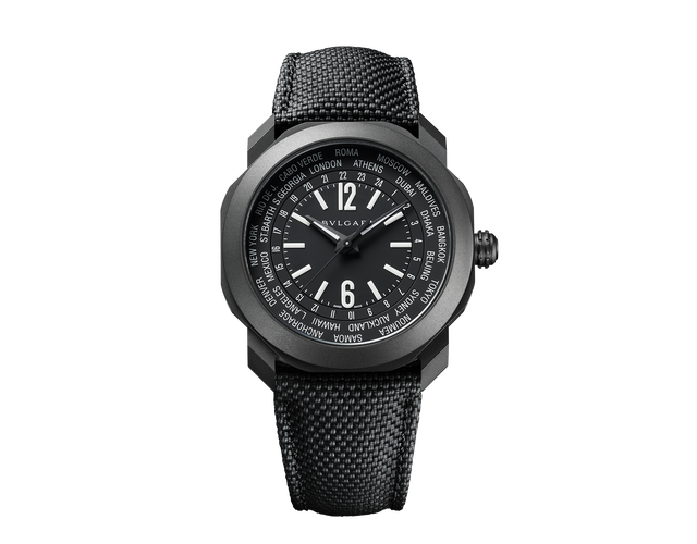 Octo Roma WorldTimer watch with mechanical manufacture movement, automatic winding, World Timer, 24 time zones and 24-hour indicator, hours, minutes and seconds.
