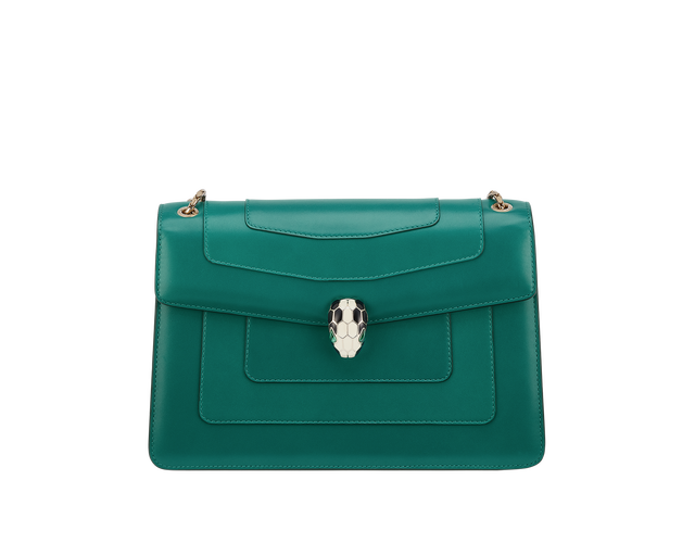 Shoulder bag Serpenti Forever in calf leather in emerald green with light gold plated Serpenti head closure in black and white enamel with eyes in malachite.