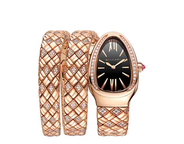 Serpenti Spiga watch with quartz movement, 35 mm 18 kt rose gold case set with diamonds, 18 kt rose gold crown set with a cabochon-cut rubellite, black dial and double-spiral 18 kt rose gold bracelet set with diamonds.