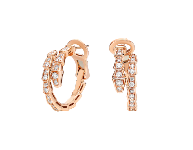 Orecchini Serpenti Viper in oro rosa 18 kt con pavé di diamanti.