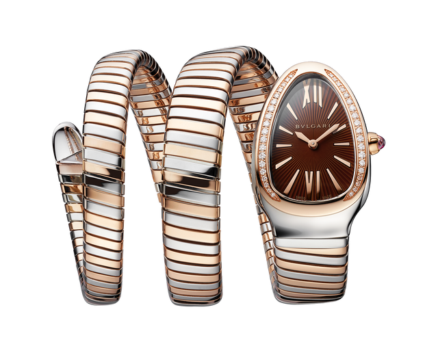Serpenti Tubogas watch with quartz movement, 35 mm stainless steel curved case, 18 kt rose gold bezel set with brilliant-cut diamonds.
