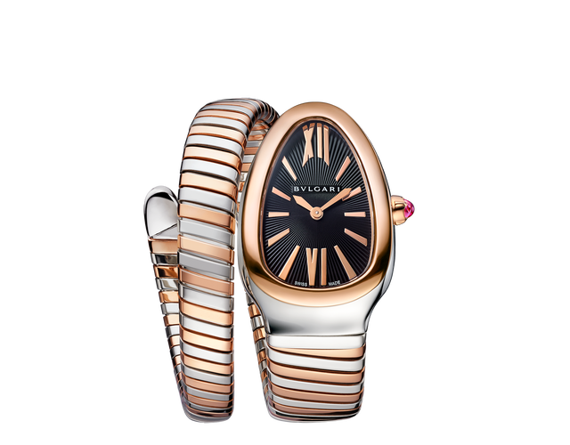 Serpenti Tubogas single spiral watch in 18 kt rose gold and stainless steel case and bracelet, with black opaline dial.