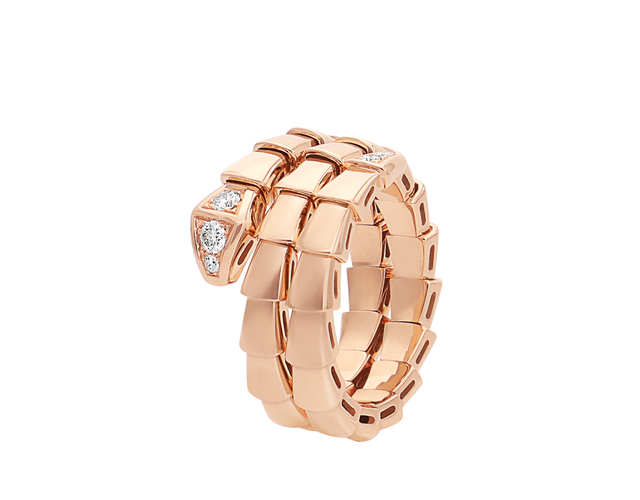 Serpenti Viper two-coil ring in 18 kt rose gold with demi-pavé diamonds.
