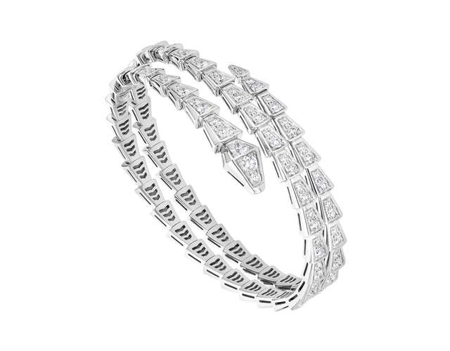 Serpenti Viper two-coil bracelet in 18 kt white gold with pavé diamonds.