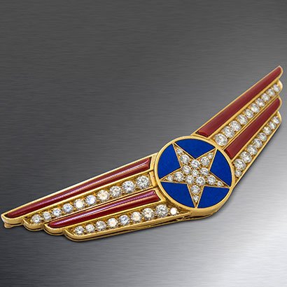 Bulgari Star Spangled Banner brooch in gold with coral, lapis lazuli and diamonds 1975 Bulgari Star Spangled Banner brooch in gold with coral, lapis lazuli and diamonds 1975