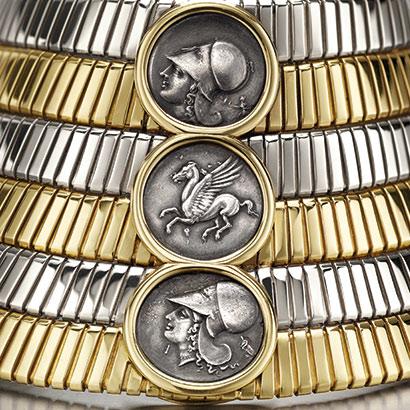 Bulgari Jewellery Tubogas choker in two-colour gold with Greek silver coins 1974 Bulgari Jewellery Tubogas choker in two-colour gold with Greek silver coins 1974