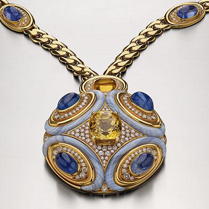 Bulgari Jewellery Sautoir in gold with yellow and blue sapphires, agate, citrines and diamonds 1972 Bulgari Jewellery Sautoir in gold with yellow and blue sapphires, agate, citrines and diamonds 1972