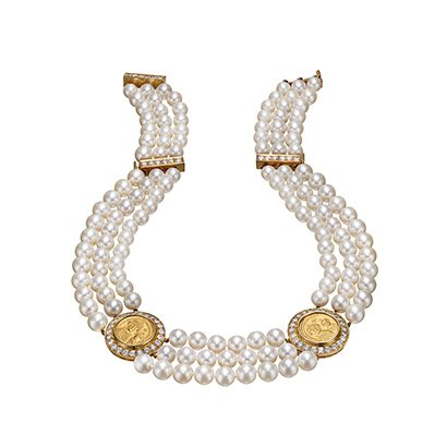 Monete necklace in gold with pearls, Byzantine gold coins (7th century AD) and diamonds, ca. 1975. 