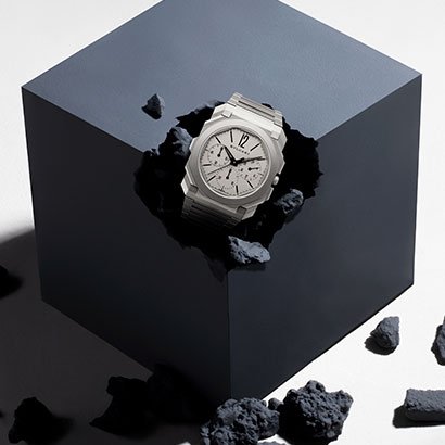 The record-winning Bvlgari Octo Finissimo Chronograph GMT Automatic watch in sandblasted titanium.