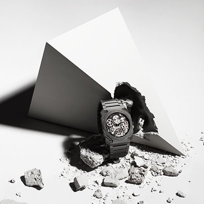 The ultra-thin Bvlgari Octo Finissimo Skeleton watch in black ceramic case with skeletonised dial.