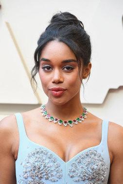 A close-up of Laura Harrier wearing bvlgari jewels