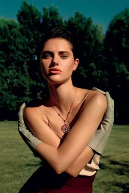 Necklace in pink gold with pink tourmaline, peridote, amethyst, mandarin garnet, diamond and pavé.