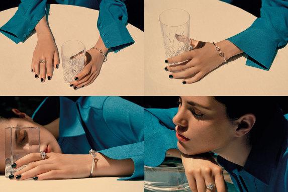 Four pictures in one of a model wearing openwork ring in white gold with pear cut diamond and pavé diamonds and openwork bracelet in white gold with pavé diamonds.